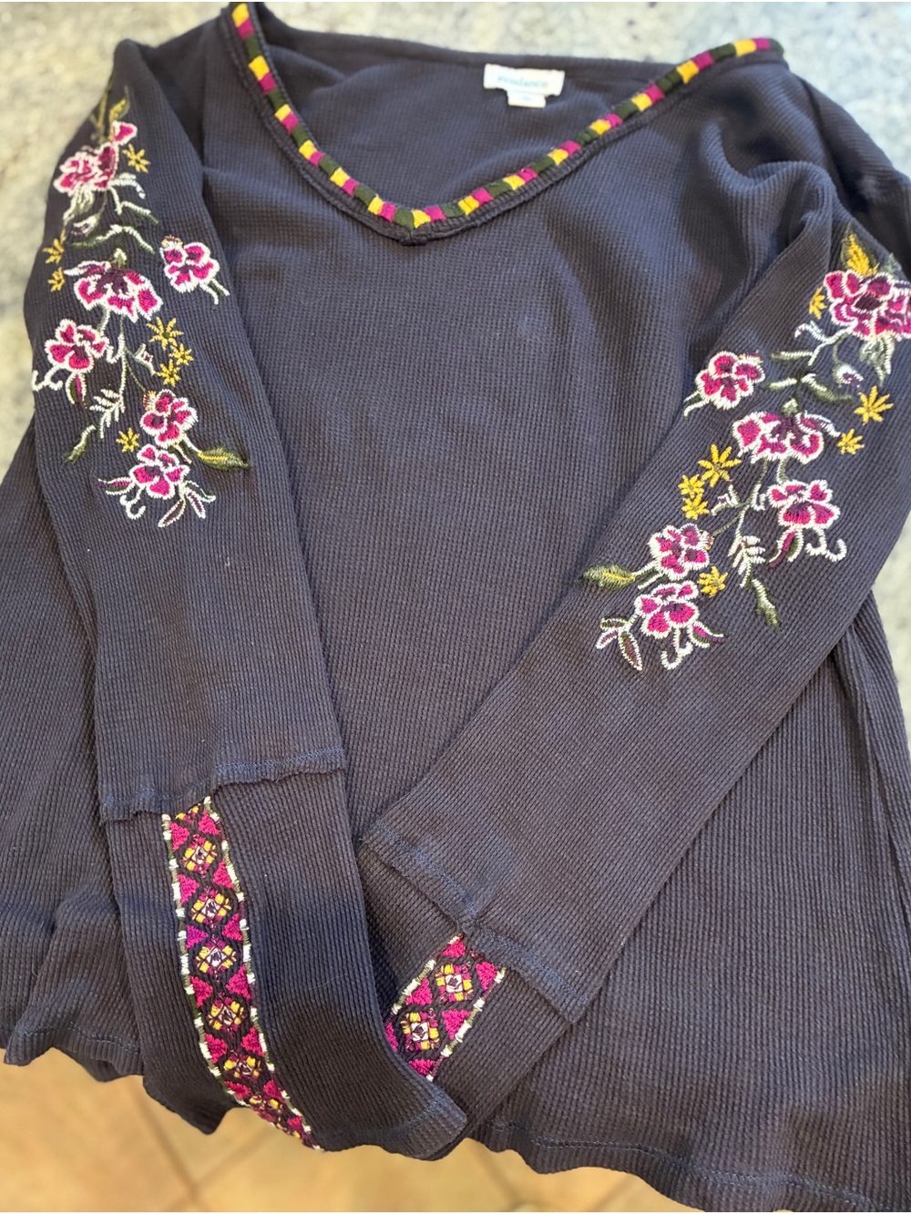 Sundance Plum Waffle Shirt With Long Sleeve V-Neck Top with Embroidered Trim